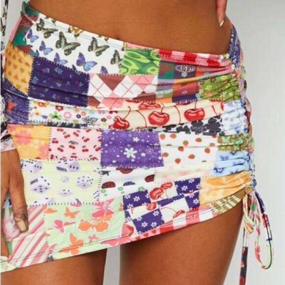 Omighty OG Patchwork Multi Pattern Mini Skirt w Ruched Side Tie - Picture 7 of 7